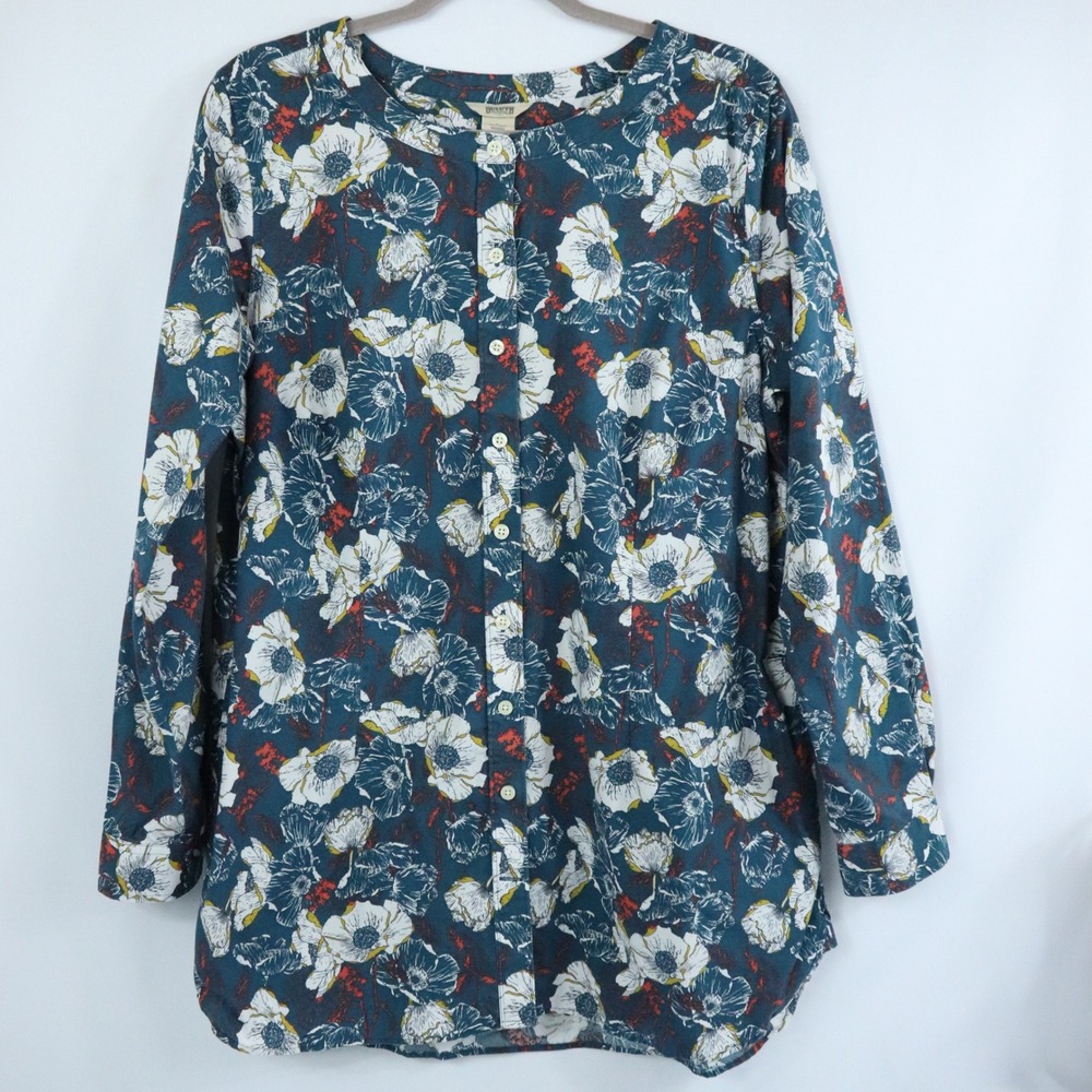 Duluth Trading Co Wrinklefighter Tunic Blue Floral Poppy Button Up Size Largex